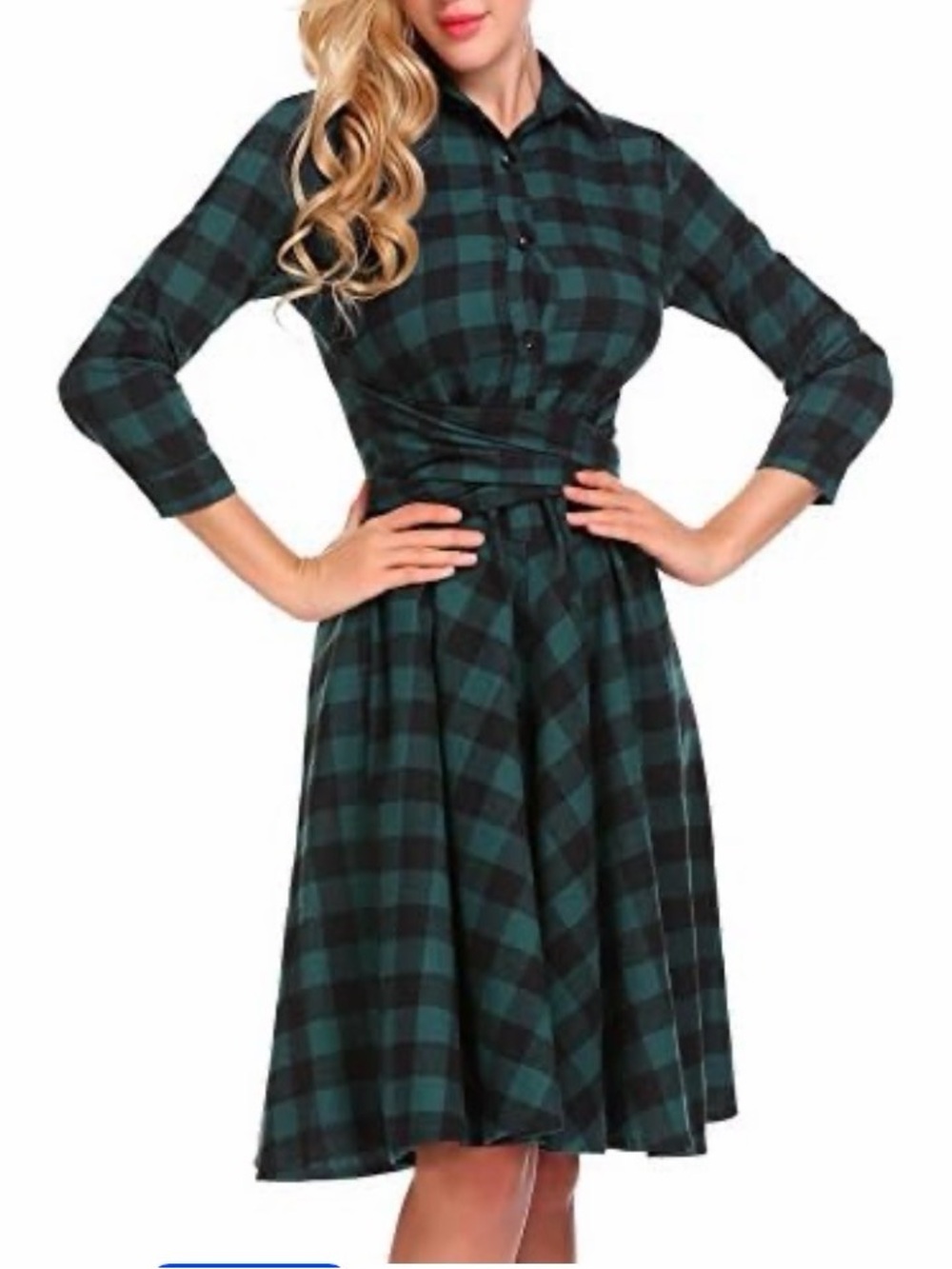 Burlady Women's Plaid Dress  3/4 Sleeve Button Down Checker Shirt Dress SZ L